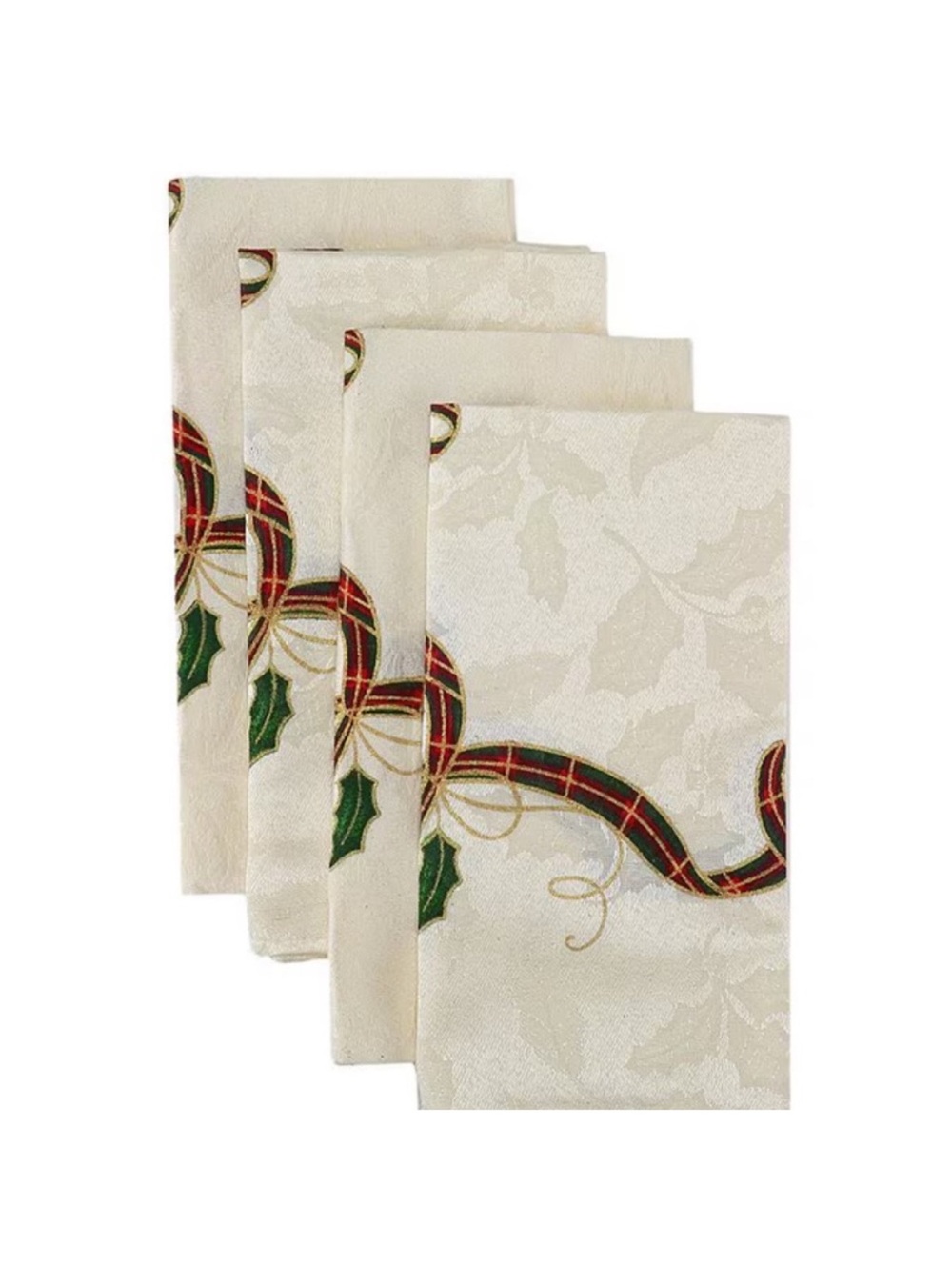 Set of 6 Lenox Cloth Napkins Holiday Nouveau Damask Plaid Ribbons & Holly Ivory